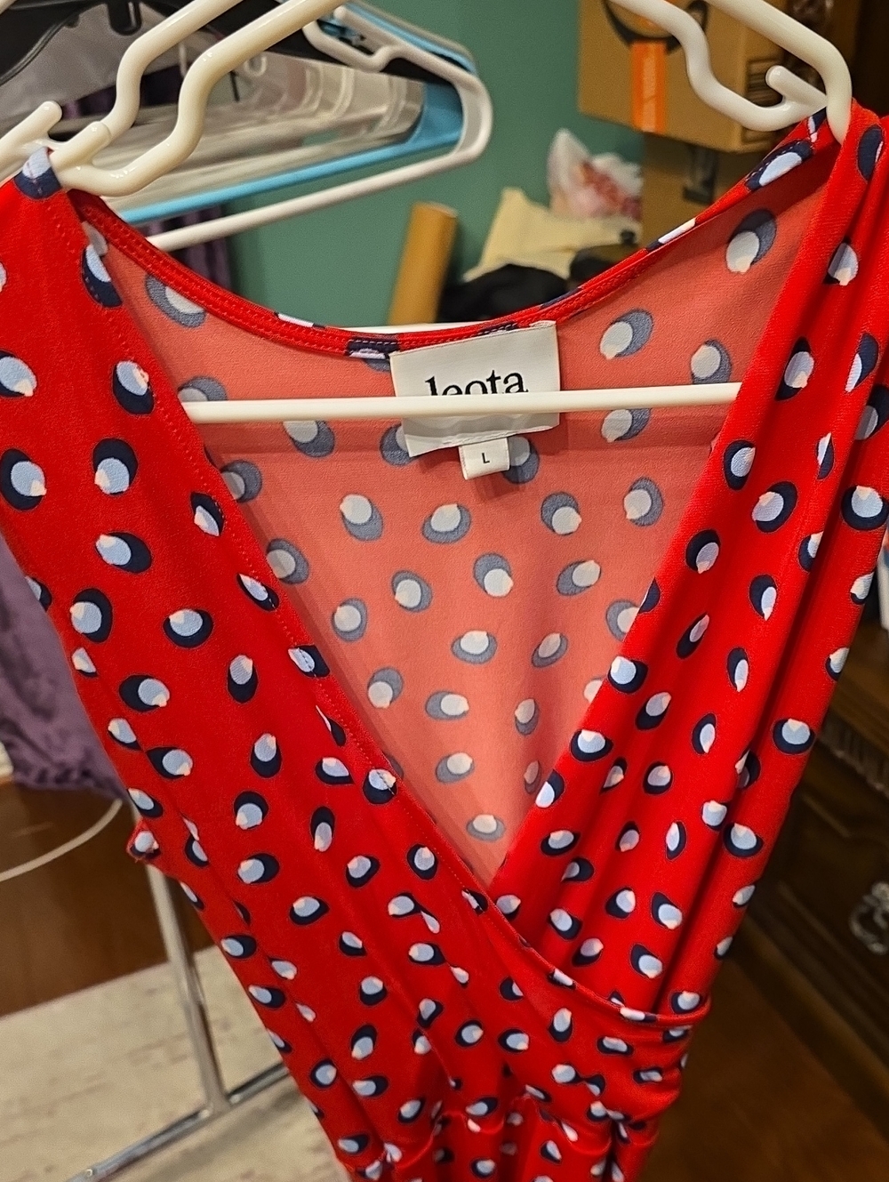 Leota Red Polka-Dot Wrap Tunic with Navy and White Accents
